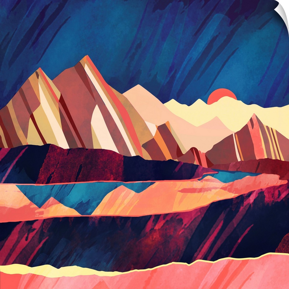 Abstract depiction of a desert landscape with bold colors.