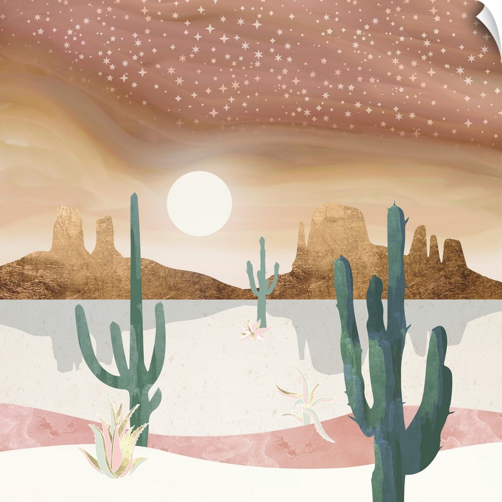 Abstract desert scene featuring a honey sky, mountains, stars, gold, cactus, pink and green.