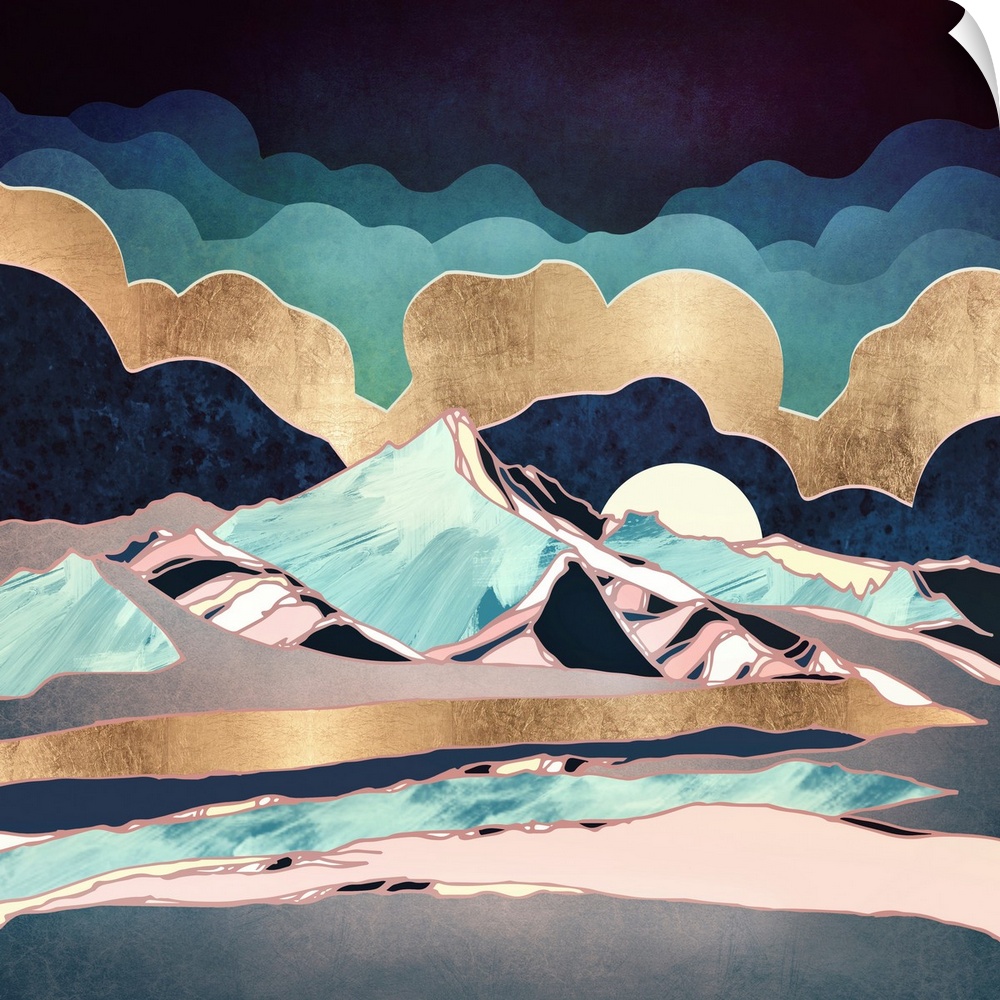Abstract landscape of an indigo spring with mountains, blue, gold and pink.