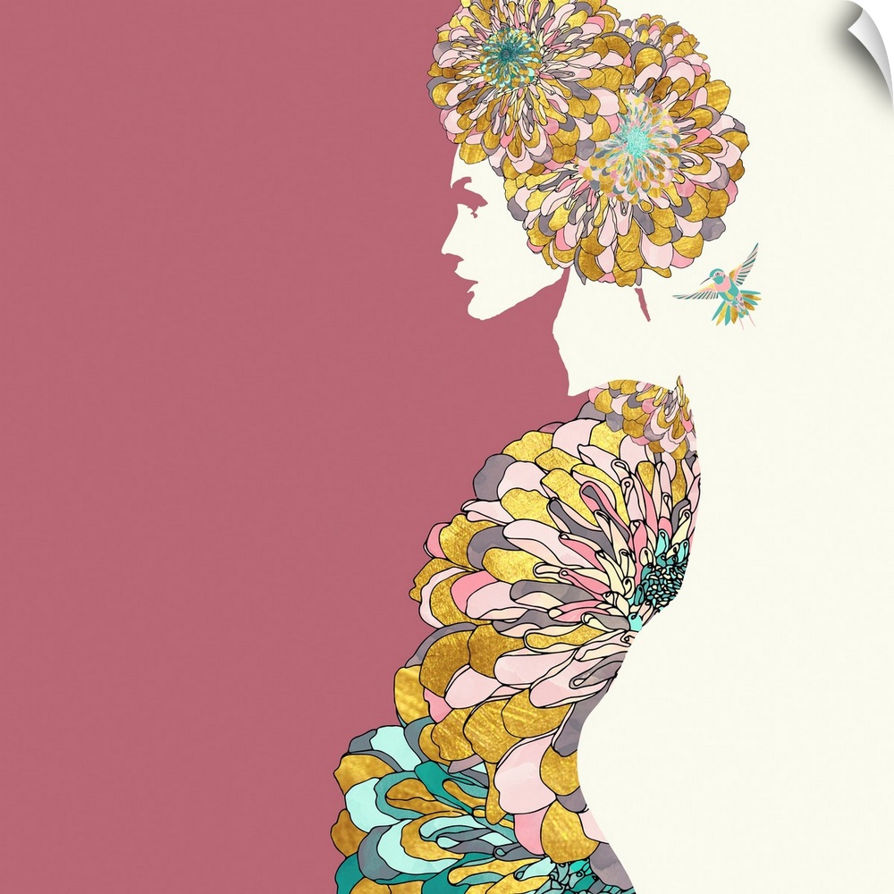 Abstract depiction of a woman with flowers, humming bird, pink, teal and gold.