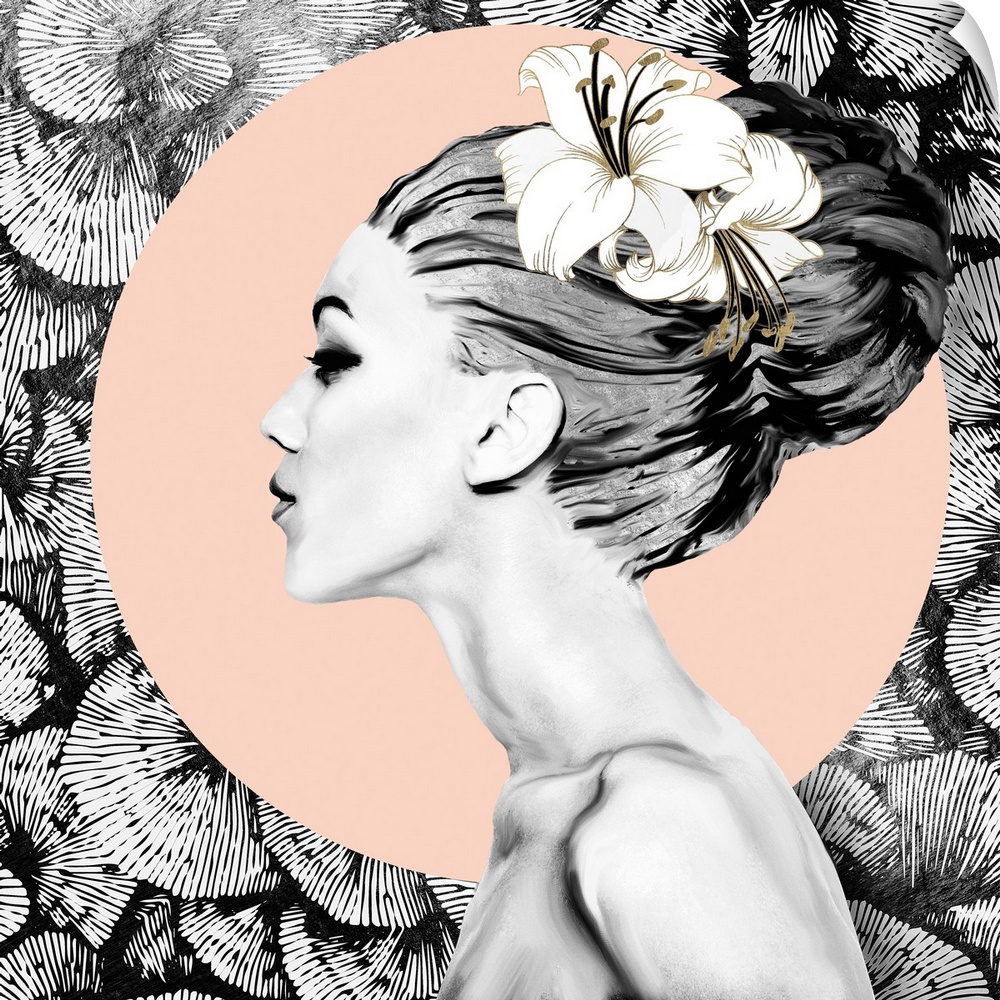 Abstract depiction of a woman with floral background, black, pink and gold.