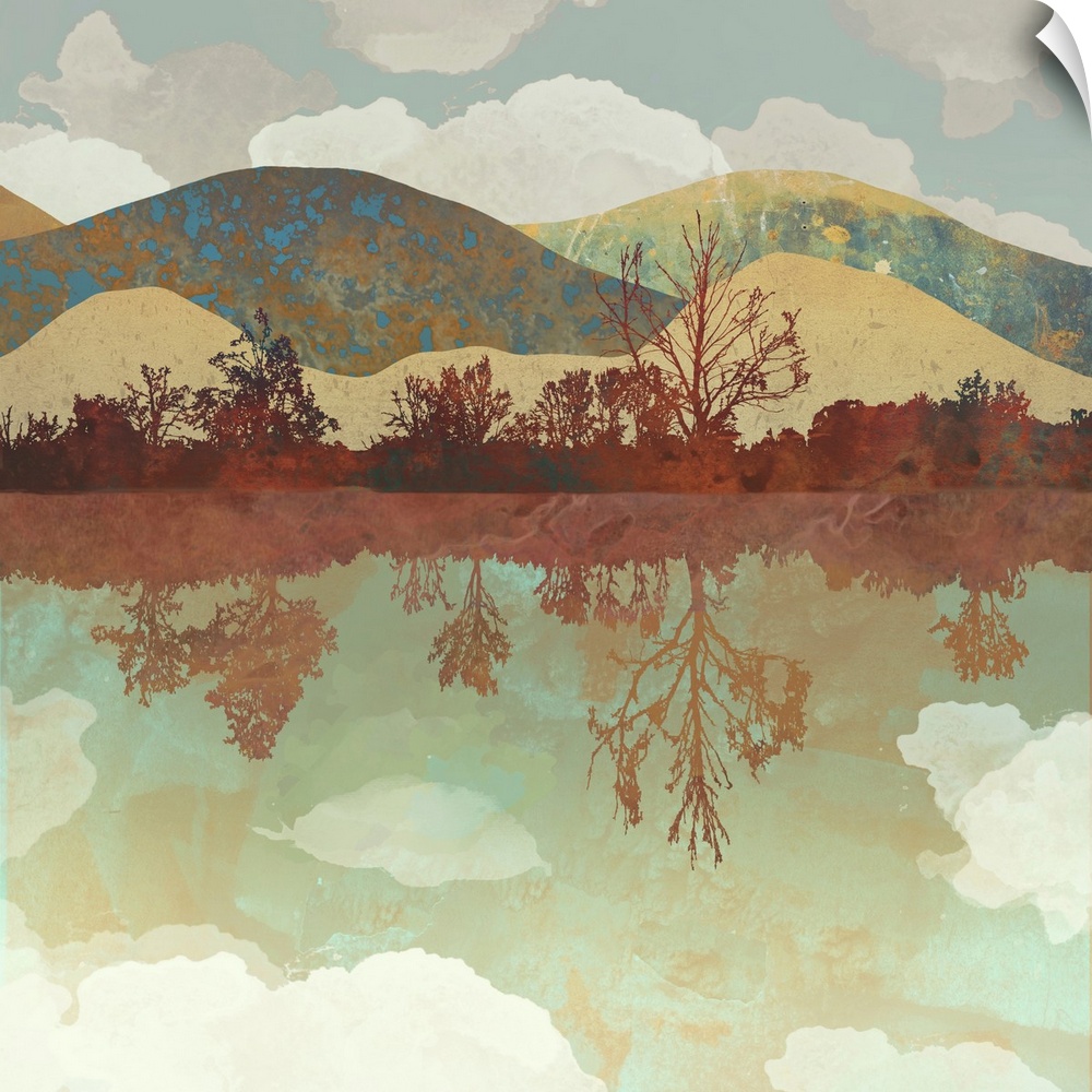Abstract depiction of a landscape with water, mountains, trees and clouds.