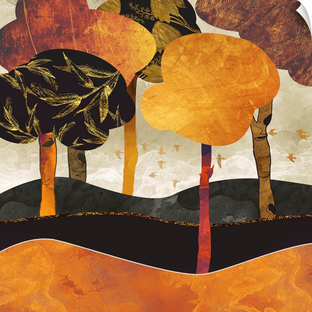 Abstract depiction of a metallic forest with birds, orange, rust, black and gold.