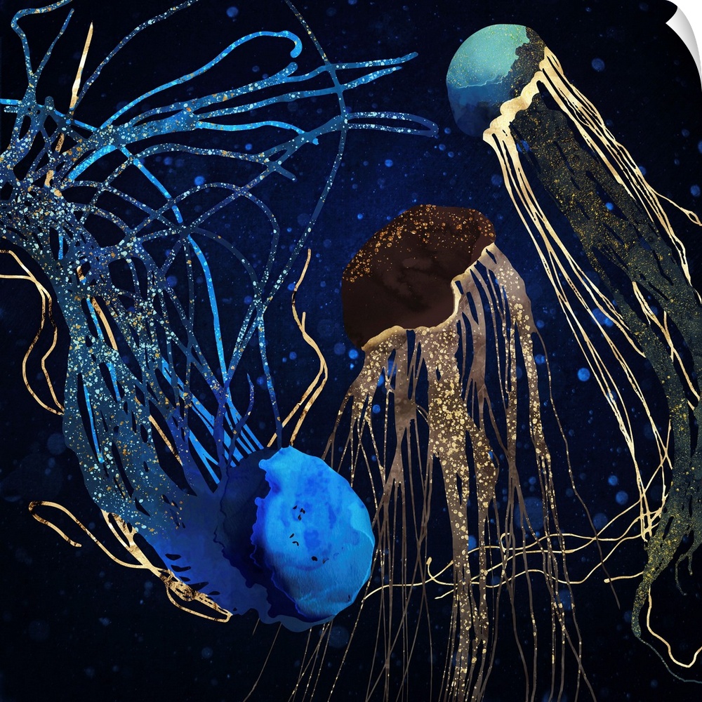 Abstract depiction of jellyfish with gold, blue, brown, teal, navy and water.