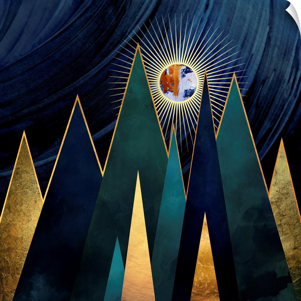 Abstract depiction of metallic mountain peaks with blue, gold, green and teal.