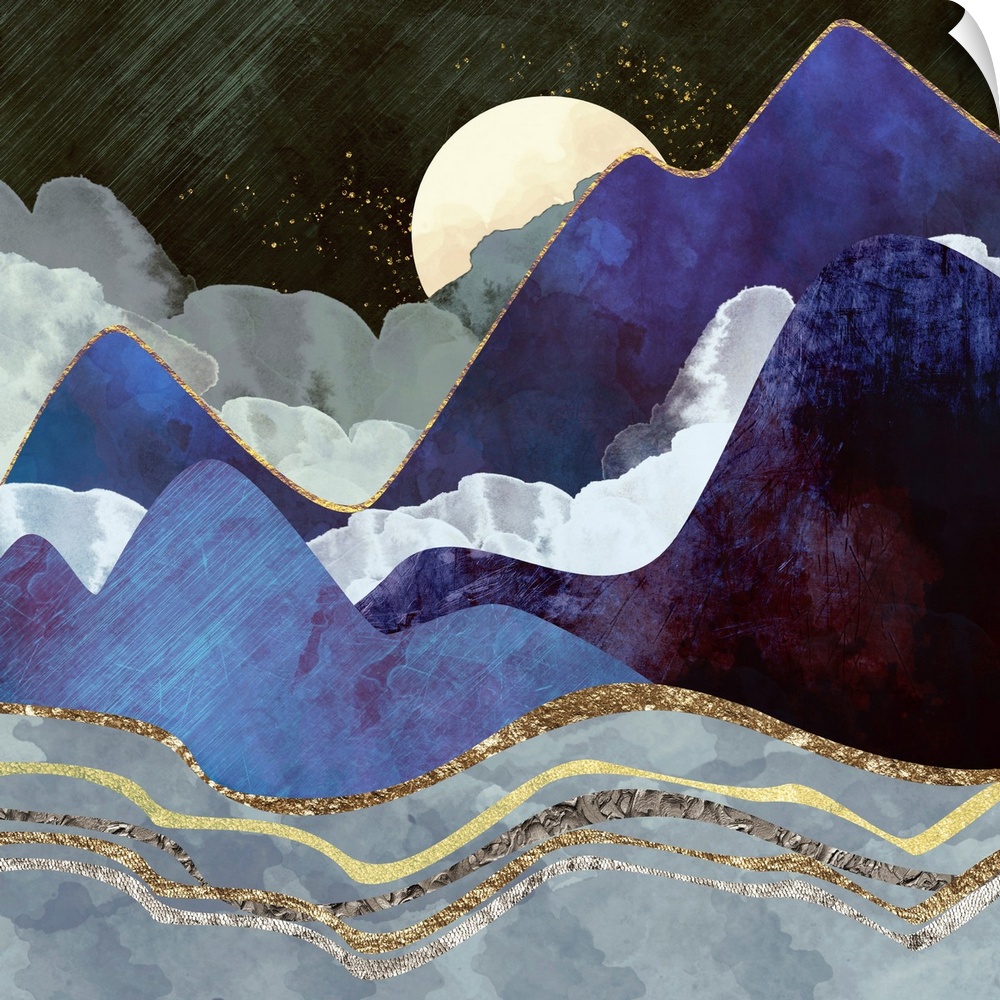 Abstract landscape featuring rolling hills, gold, silver, purple and clouds.