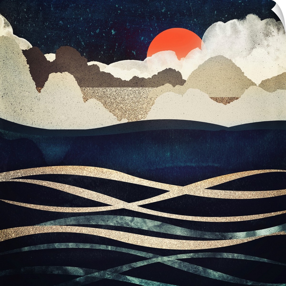 Abstract depiction of beach at midnight with hills, waves, gold, blue and orange.