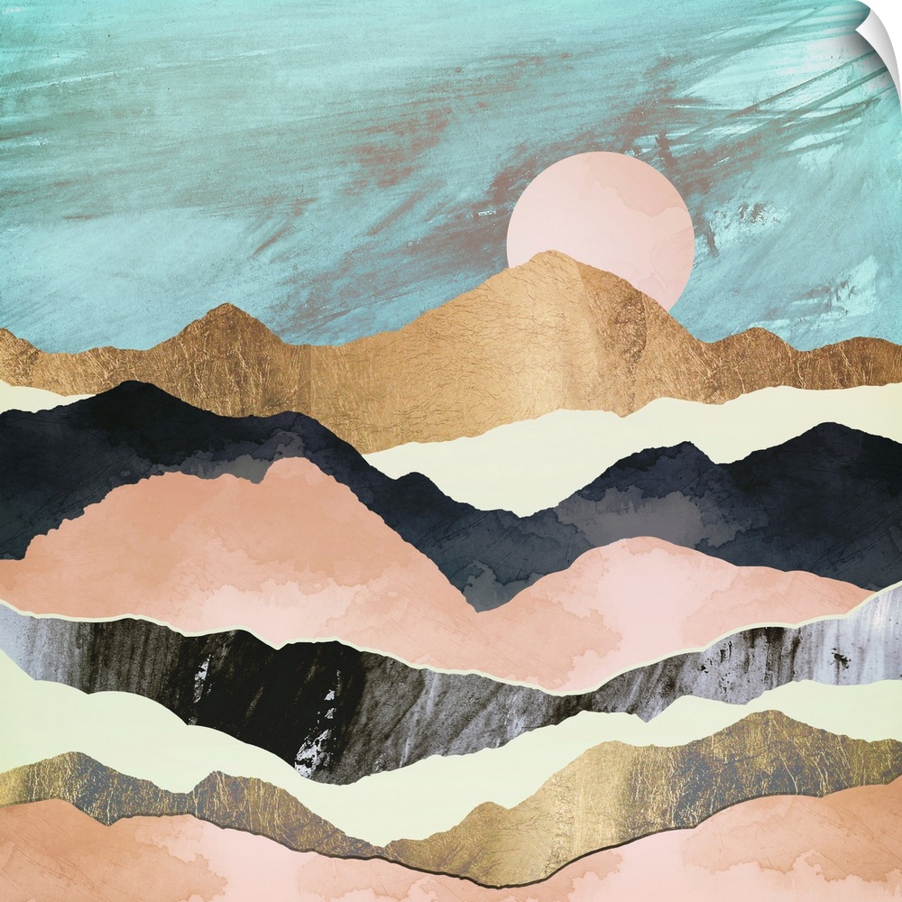 Abstract depiction of pink mountains with gold, yellow, black and teal.