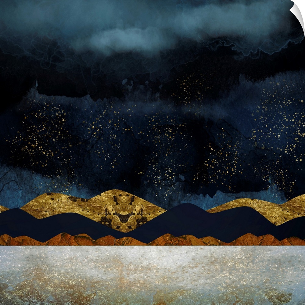 Abstract landscape with rain, mountains, gold, indigo, brown and texture.