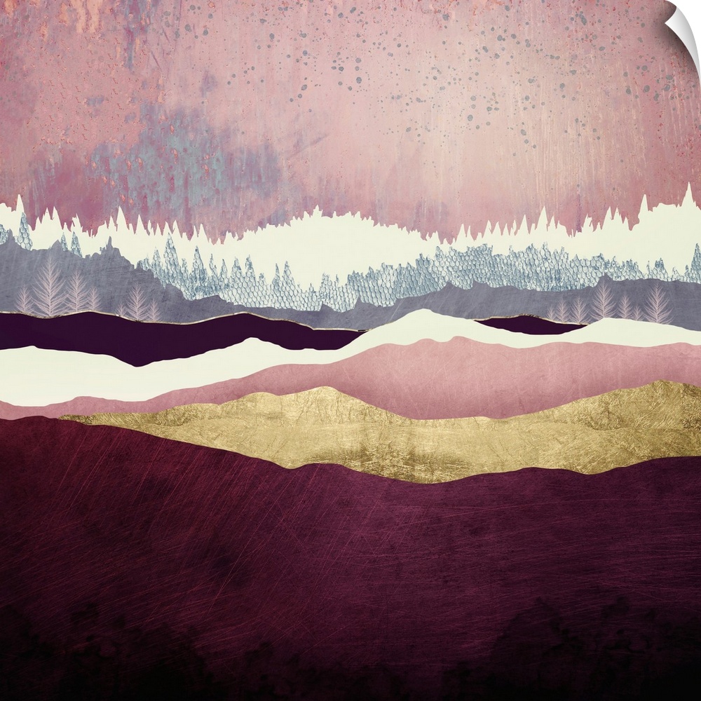 Abstract depiction of a landscape with trees, mountains, mauve, pink and gold.