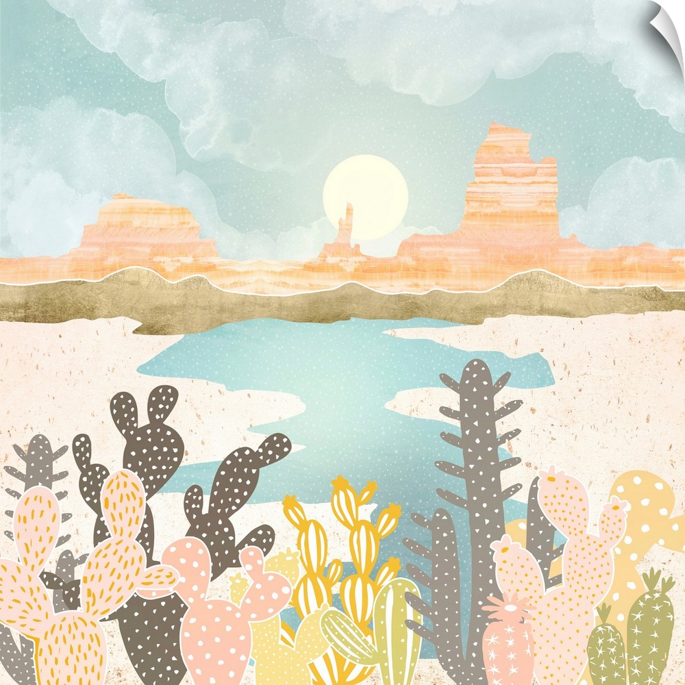 Abstract depiction of a retro desert oasis with water, cacti, mountains and pink.