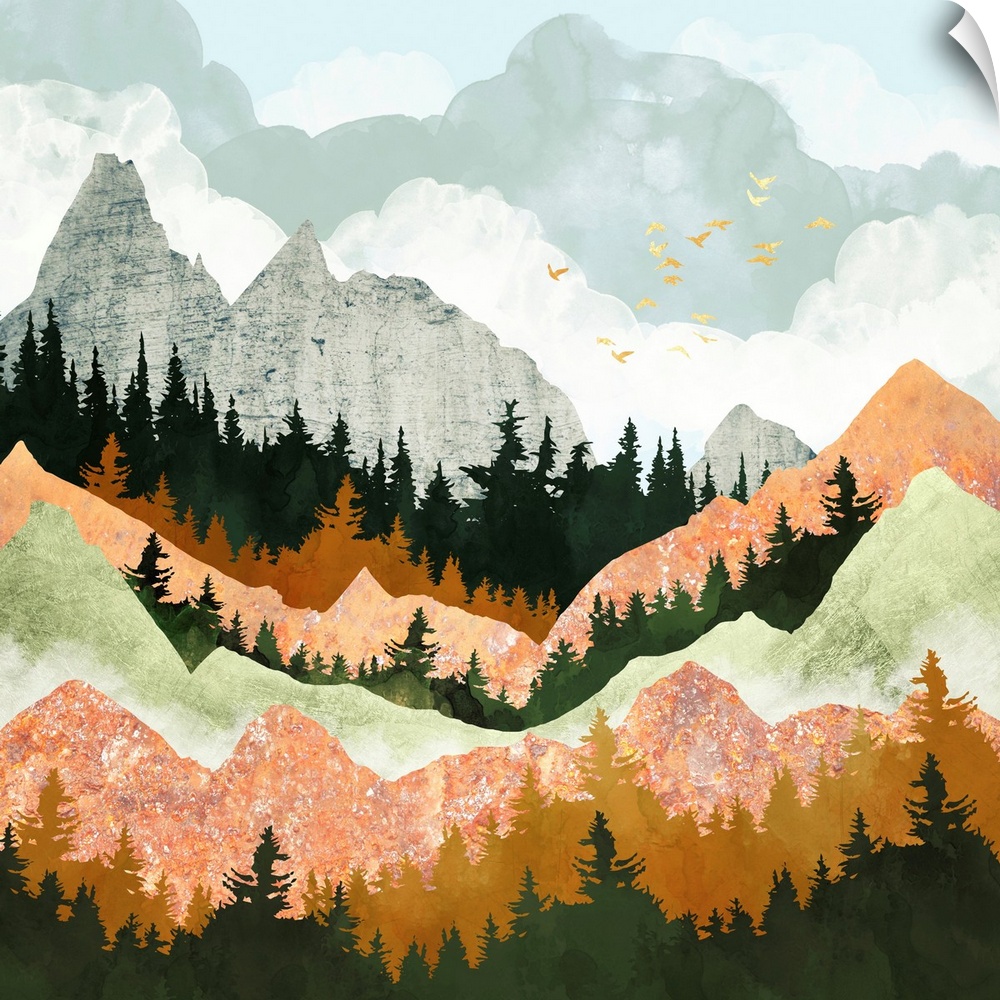 Abstract mountain landscape featuring birds, trees, mountains, clouds, pink and green.
