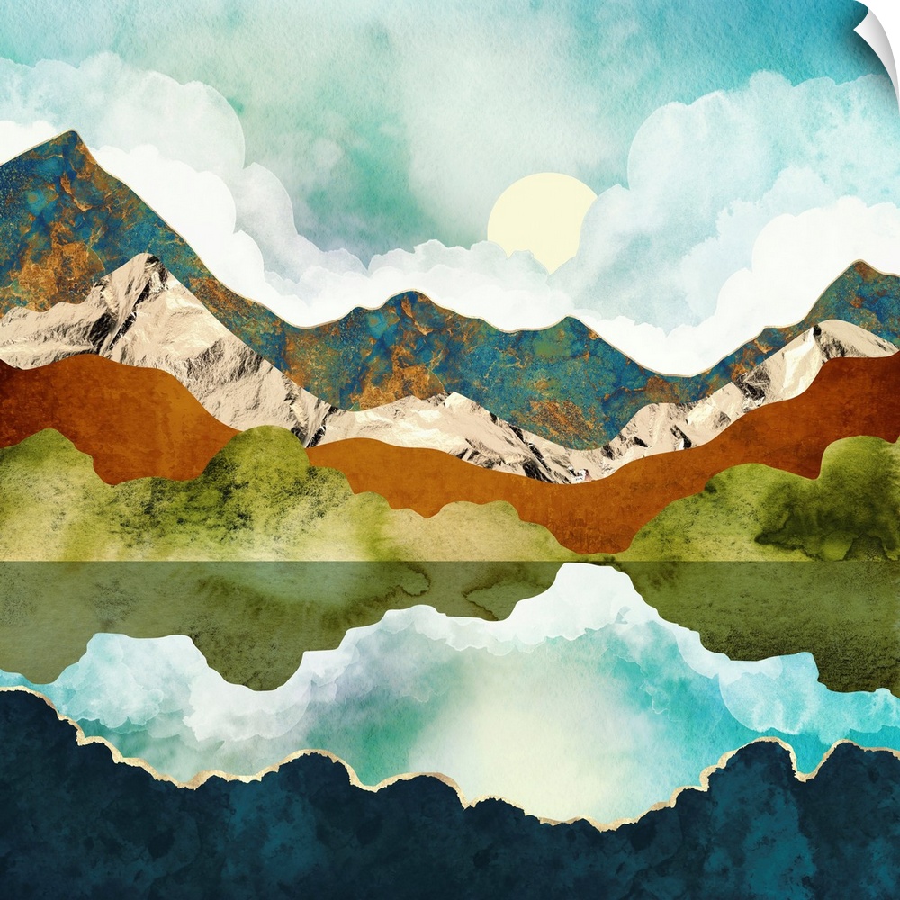 Abstract depiction of a mountain in spring with gold, water, white, blue, amber and green.
