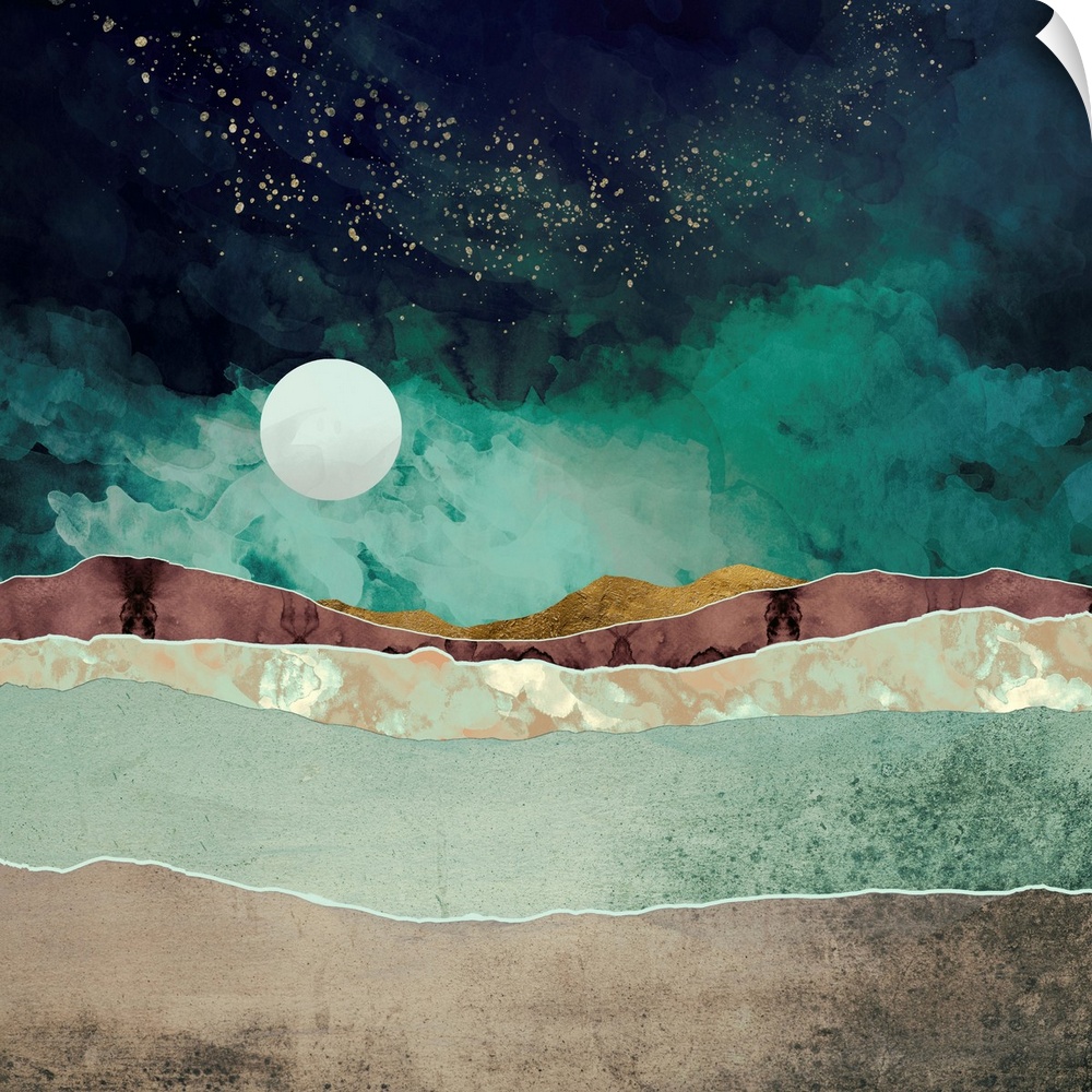 Abstract depiction of a spring night with mountains, stars, green, moon and gold.
