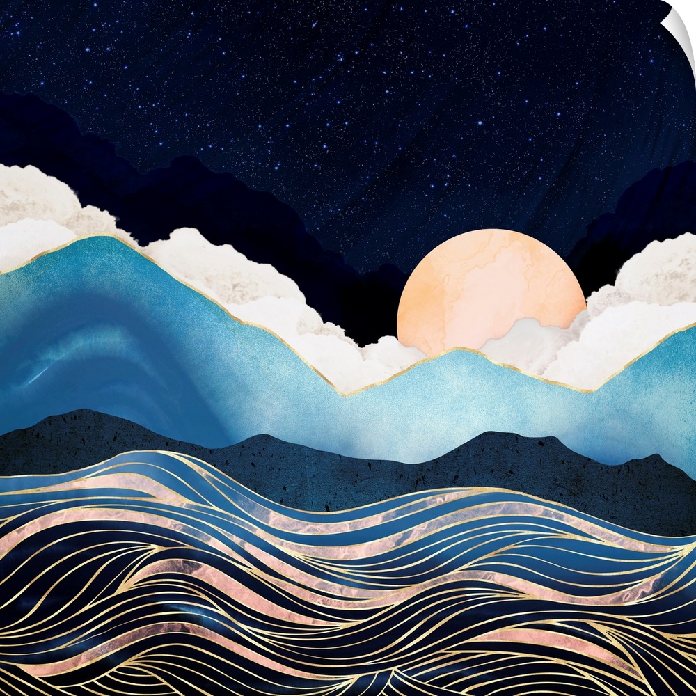 Abstract depiction of a star sea with mountains, waves, gold and blue.