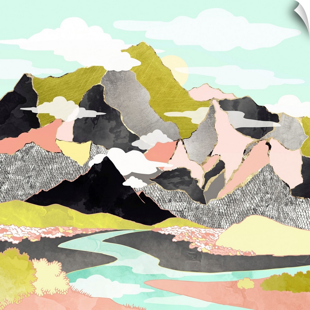 Abstract depiction of a summer river with mountains, silver, gold, pink, green and black.