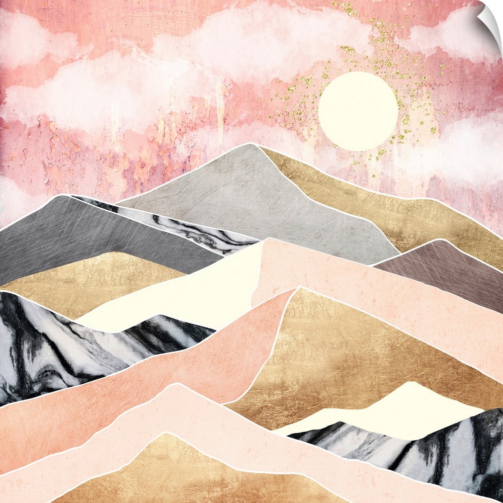 Abstract depiction of a summer sun with mountains, pink, gold, black and yellow.