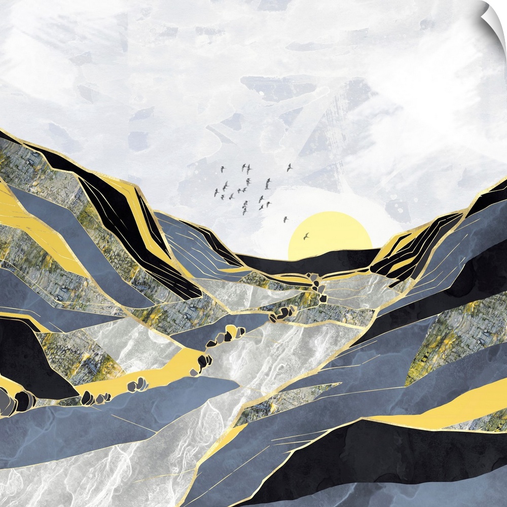 Abstract depiction of a summer valley with birds, grey, yellow and black.