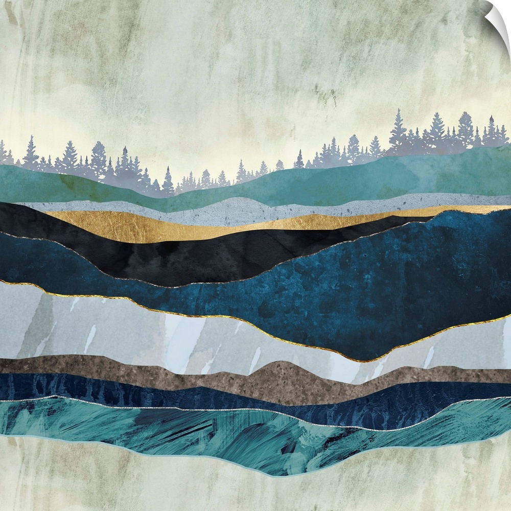 Abstract landscape with turquoise hills, trees, teal, gold and blue.