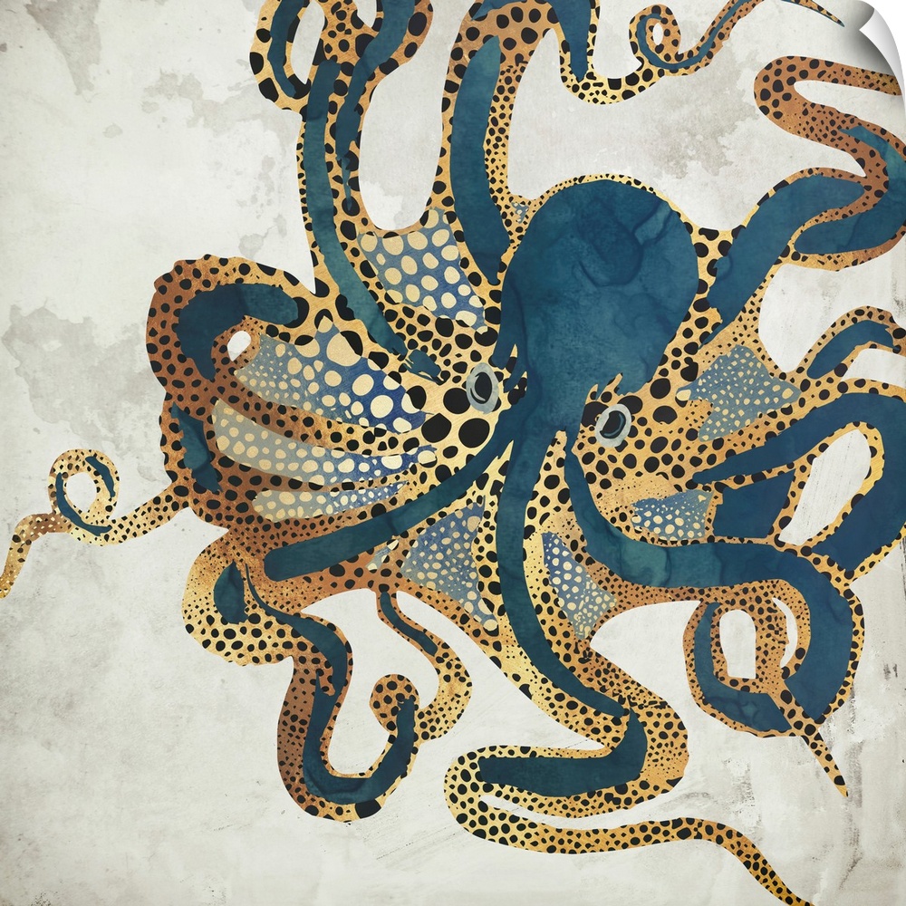 A contemporary illustration of a large octopus in shades of dark teal and gold, on a mottled grey background