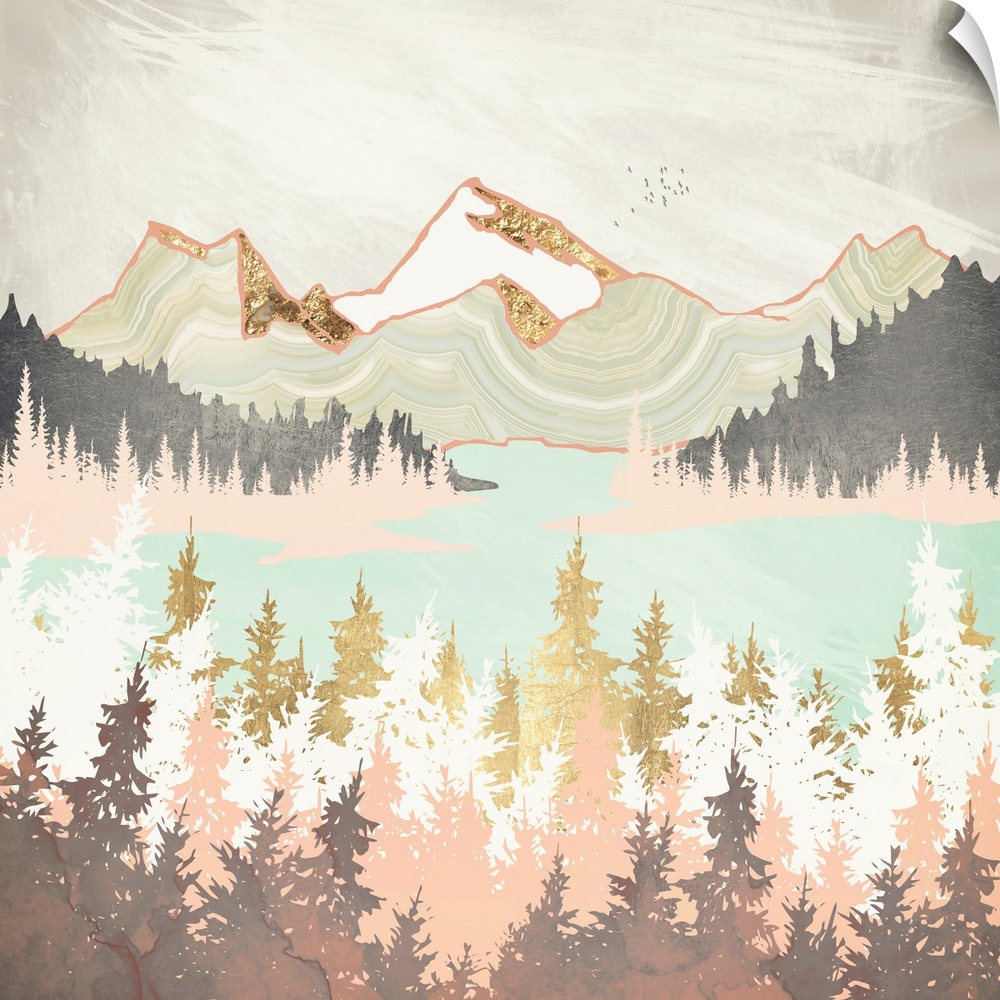 Abstract depiction of a winter bay with mountains, trees, water, gold and pink.