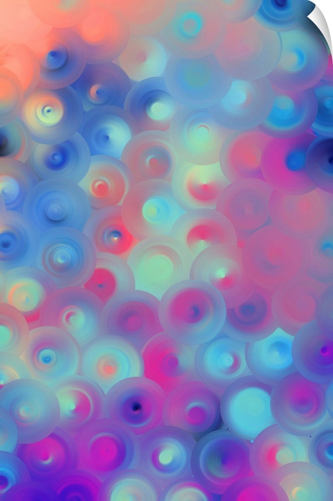 Abstract artwork of overlapping swirling circles in bright shades of teal, purple, and fuchsia.