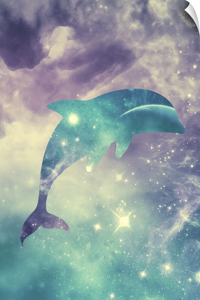 Silhouette of a leaping dolphin with stars and clouds over a starry space scene.