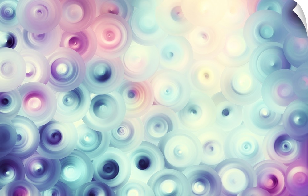 Abstract artwork of overlapping swirling circles in pastel white, blue, and pink.