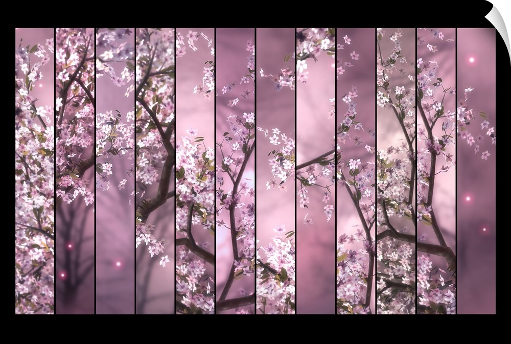 Vertical panels of cherry tree branches full of pink blossoms.
