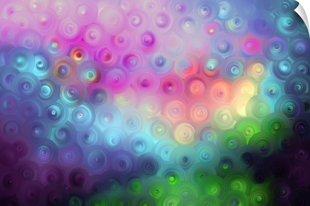Abstract artwork of overlapping swirling circles in bold rainbow tones.