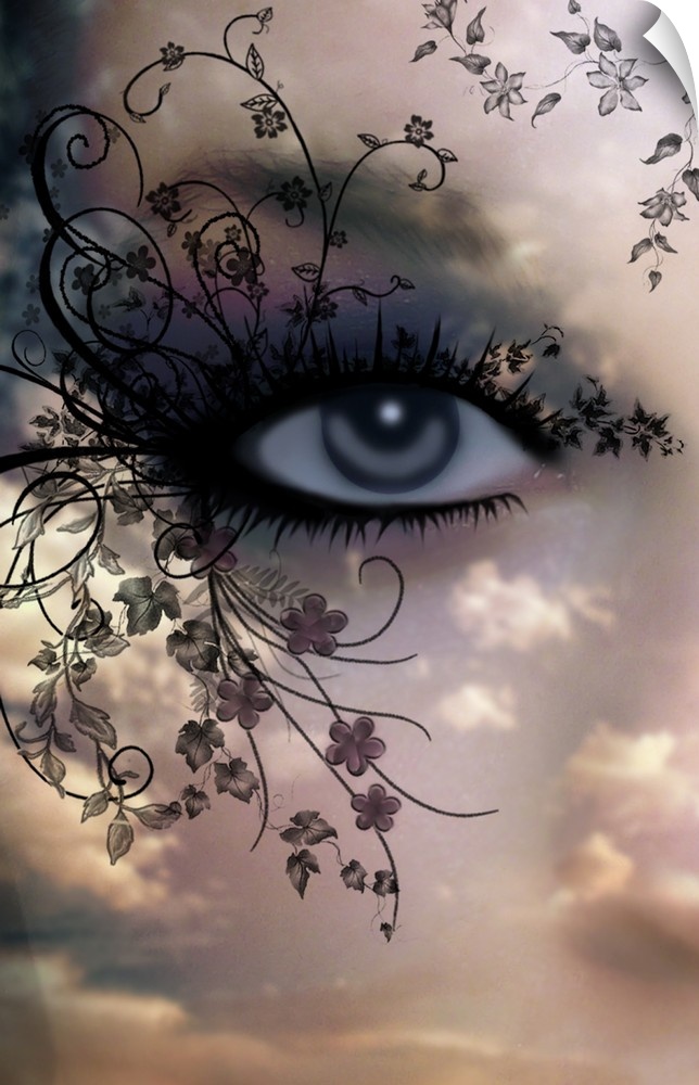 Portrait large artwork of an eye with thick, heavy lashes that extend into swirling branches of tiny leaves and flowers.  ...