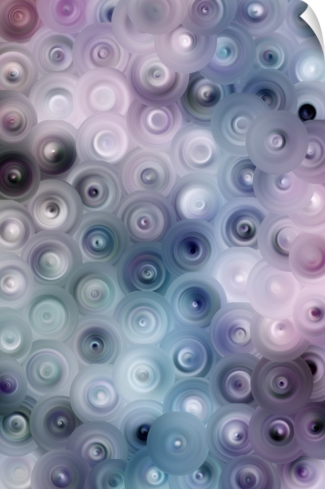 Abstract artwork of overlapping swirling circles in muted shades of blue and lavender.