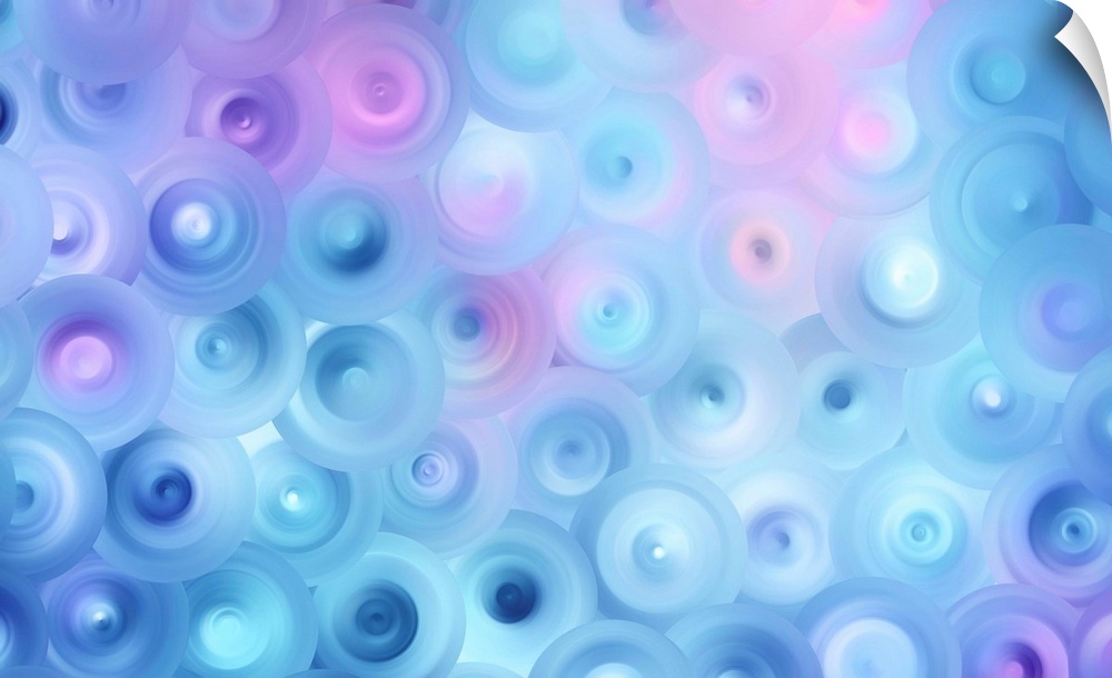 Abstract artwork of overlapping swirling circles in bright shades of blue and pink.