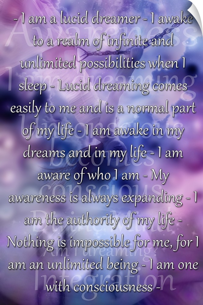 Inspirational personal affirmations for lucid dreams on lavender and pink.