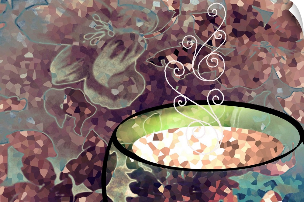 Mosaic style artwork of steam rising from hot liquid in a cup.