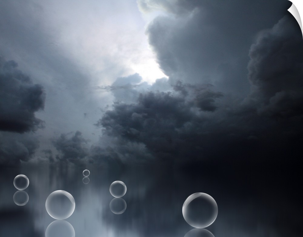 Horizontal fantast artwork on a big canvas of a dark, cloudy sky above several bubbles that appear to be sitting on top of...