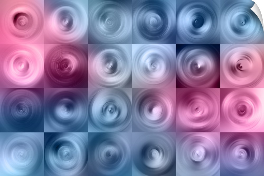 Abstract artwork of square tiles with swirling circular shapes in lavender and pink.