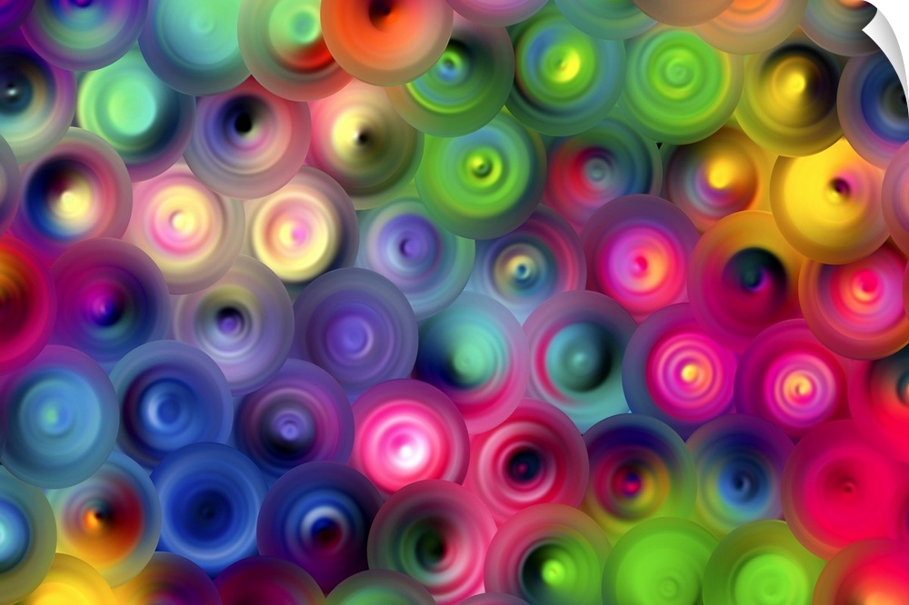 Abstract artwork of overlapping swirling circles in bright rainbow colors.
