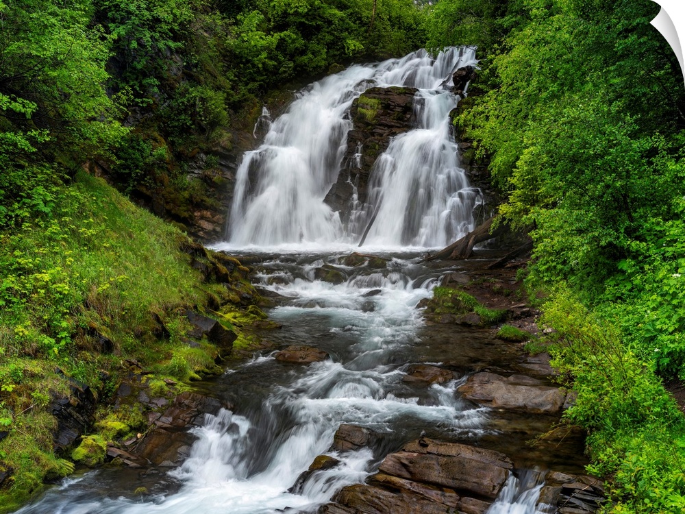 A waterfall surrounded by lush green forest in the Canadian Rocky Mountains.