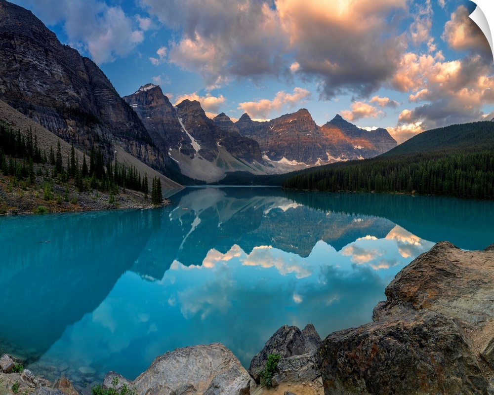 A sunrise refelection on Moraine Lake in the Canadian Rocky Mountains.