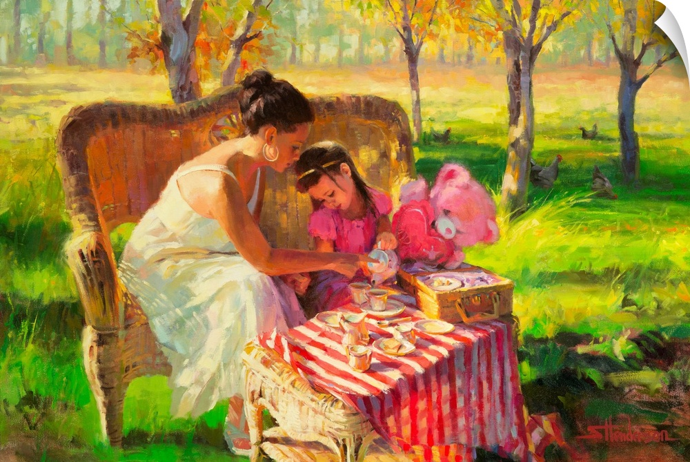 Traditional representational painting of Mother and daughter enjoying country tea party on the lawn on a summer day, surro...