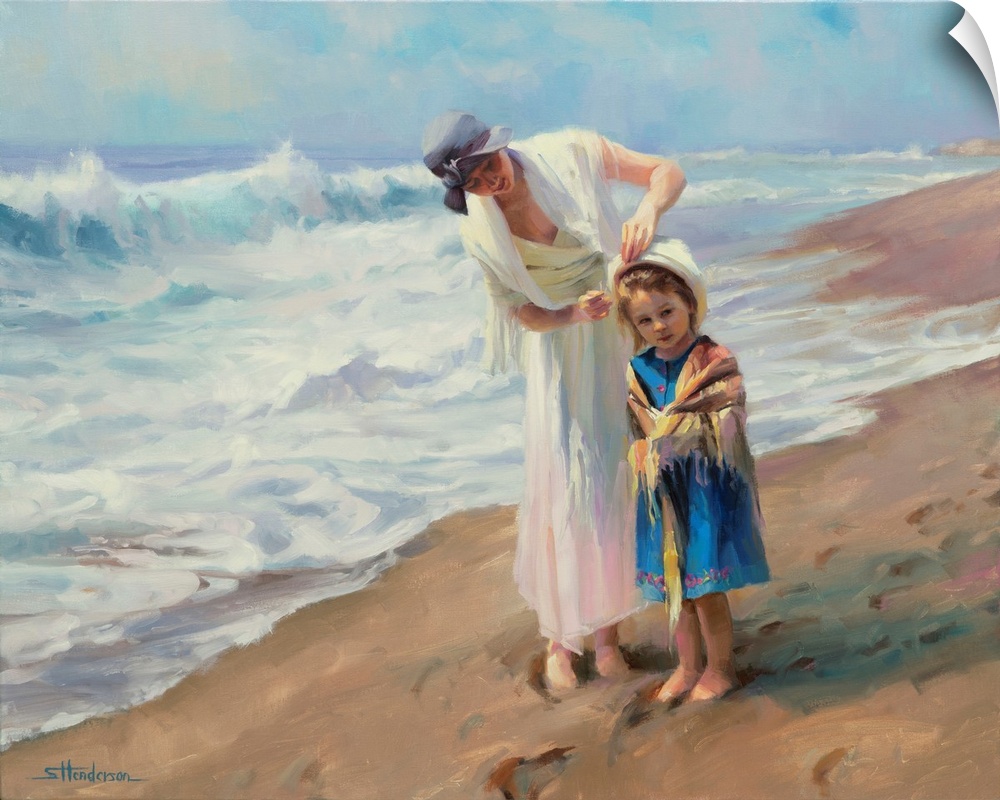Traditional representational painting of a mother and daughter at the beach. The girl is wearing a white shawl and her mot...