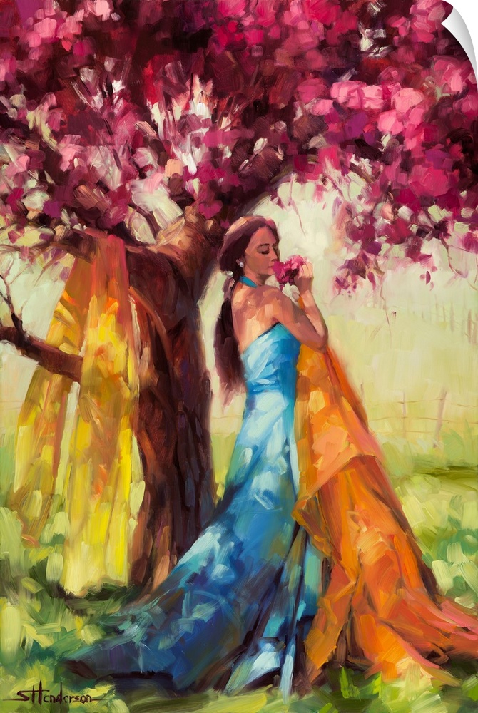 Traditional representational painting of a young woman standing before a blossoming tree in spring. She is smelling the fl...