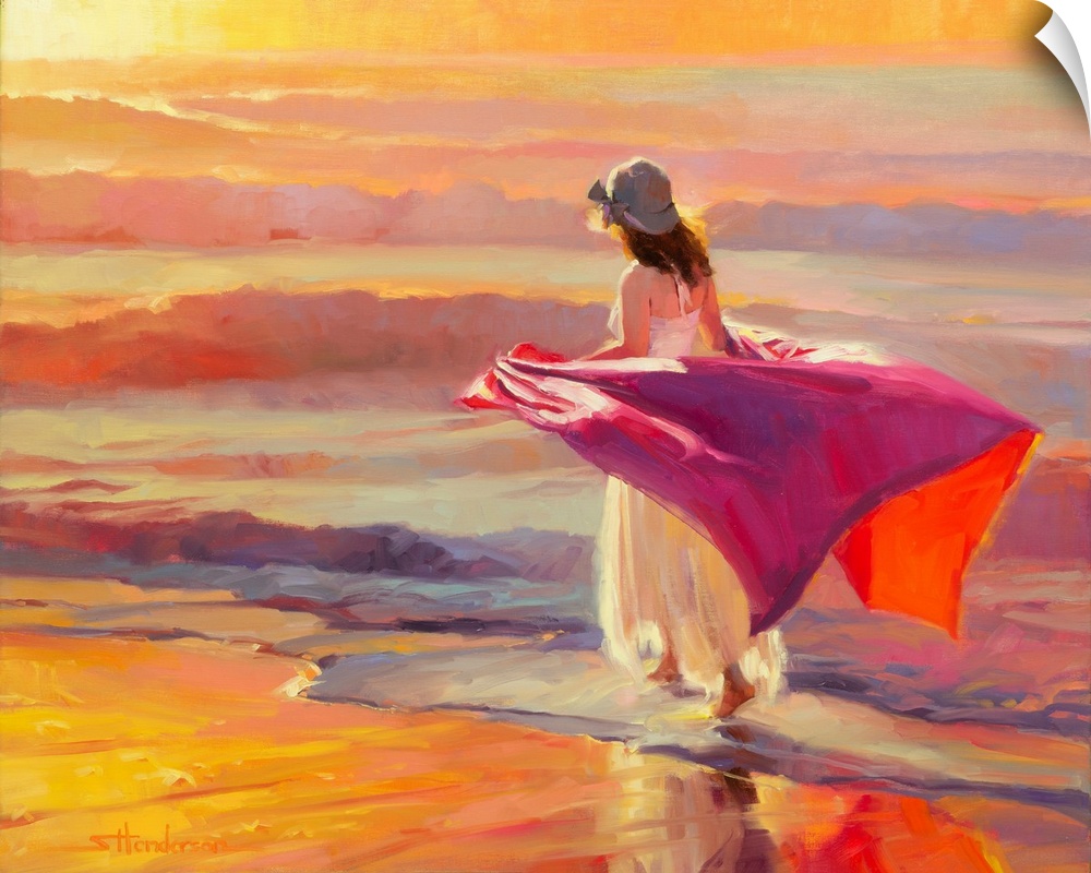 Traditional impressionist painting of lone woman strolling barefoot on the ocean beach at sunset