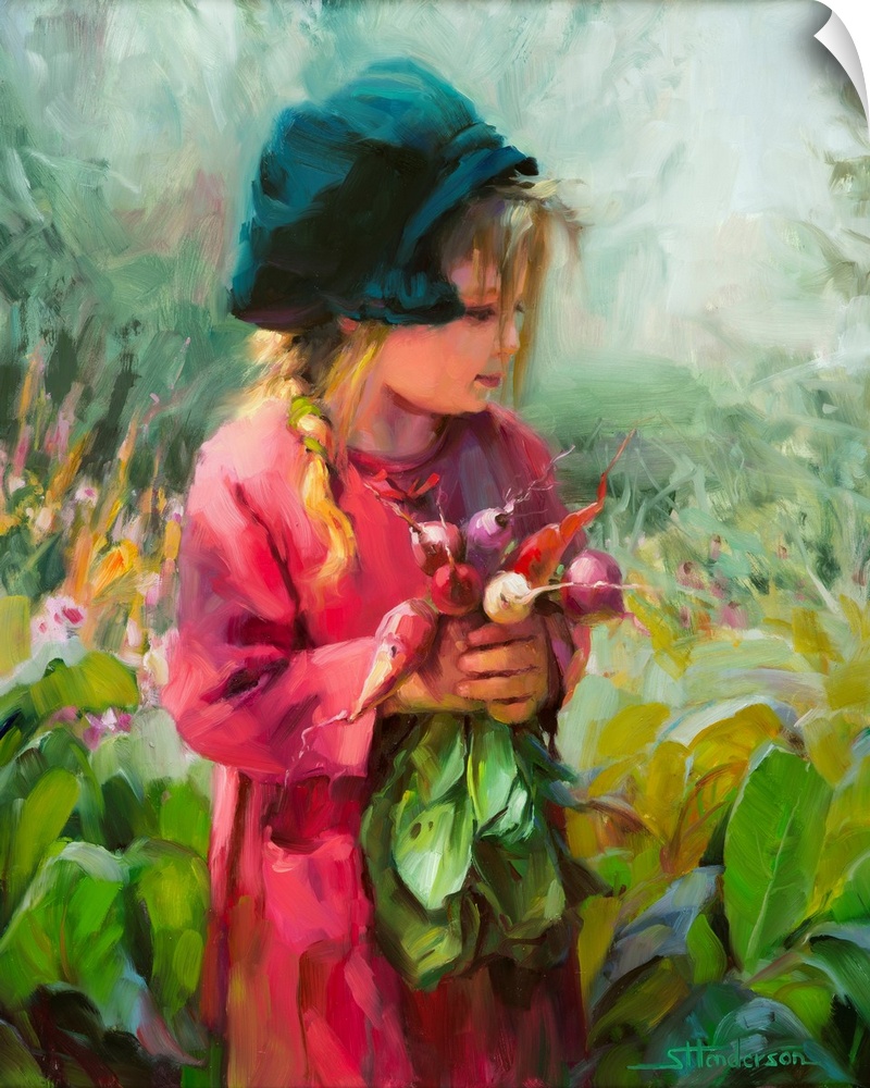 Traditional impressionist oil painting of a little girl, in a green hat, holding a bouquet of radishes in a country spring...
