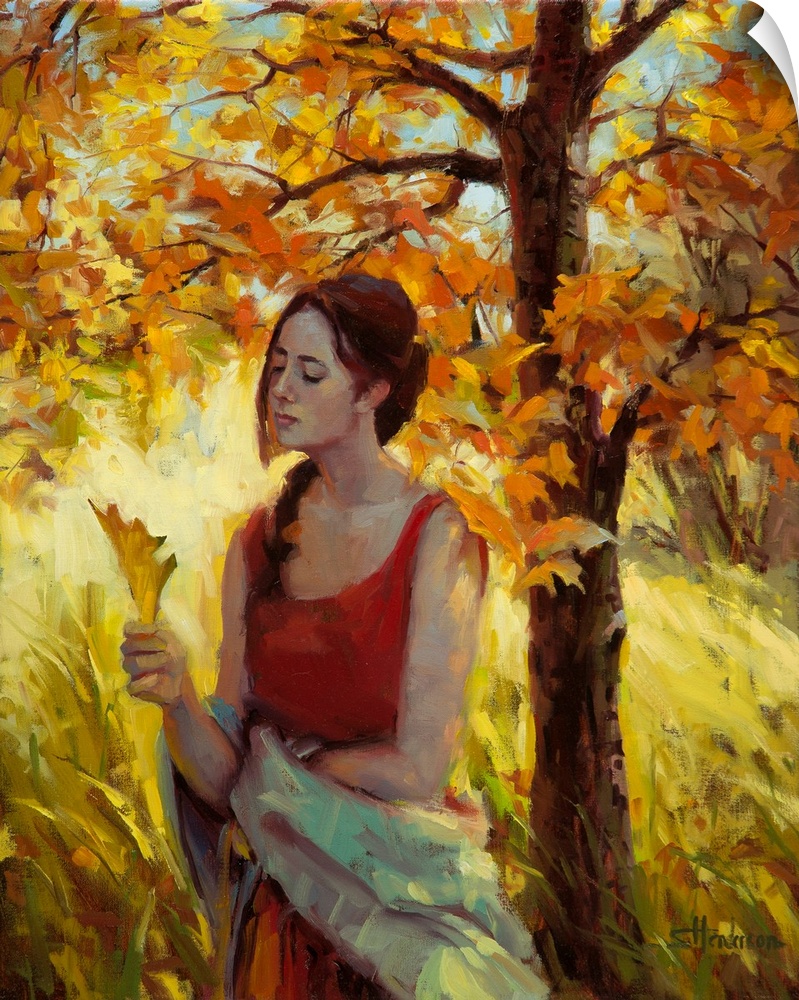 Traditional representational painting of a young woman standing by a tree in autumn, looking at a leaf in her hand