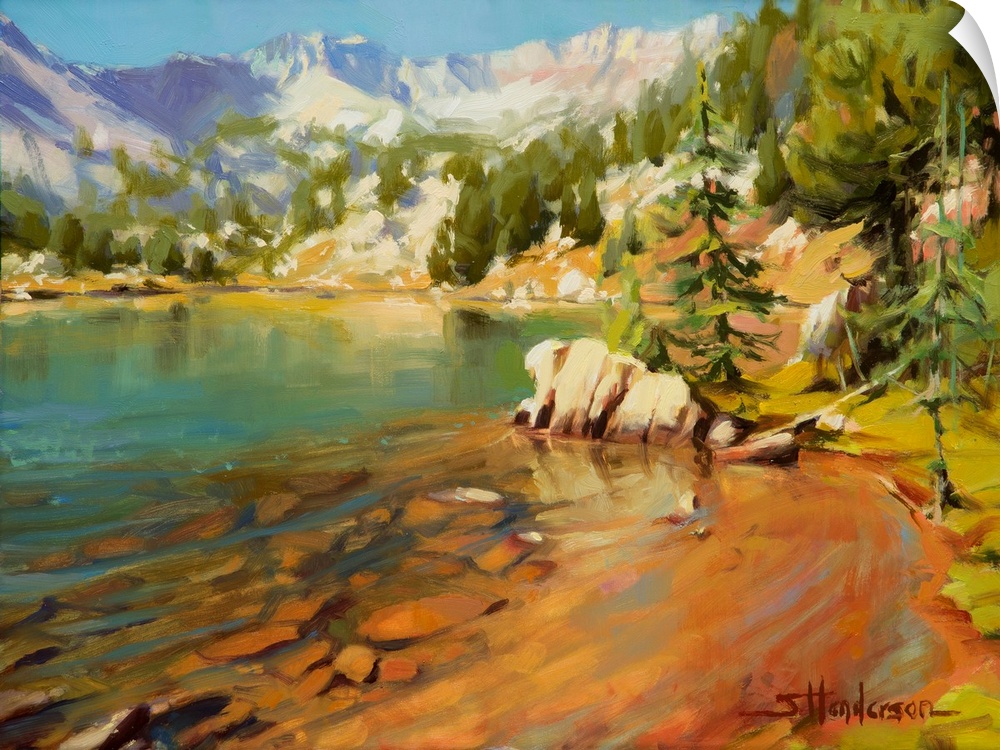 Traditional impressionist landscape painting of an alpine wilderness lake. It is calm, quiet, and peaceful.