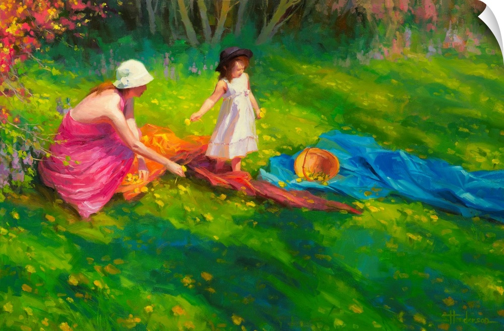Traditional representational painting of mother and daughter on country lawn with basket, picking dandelion flowers