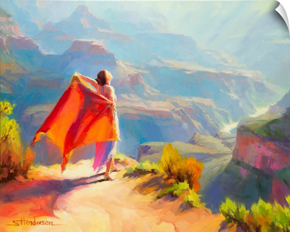 Traditional impressionist painting of faerie sprite in the Grand Canyon, Arizona, greeting the morning sun