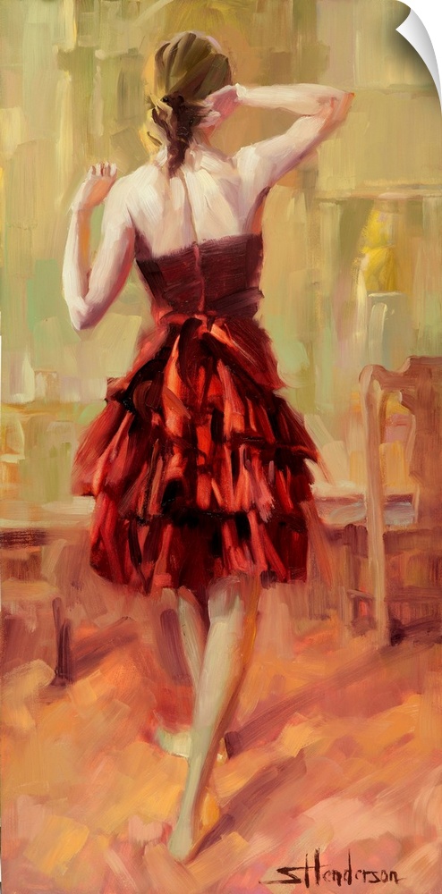 Traditional impressionist painting of a young woman in a rust or copper colored dress, standing gracefully like a dancer.